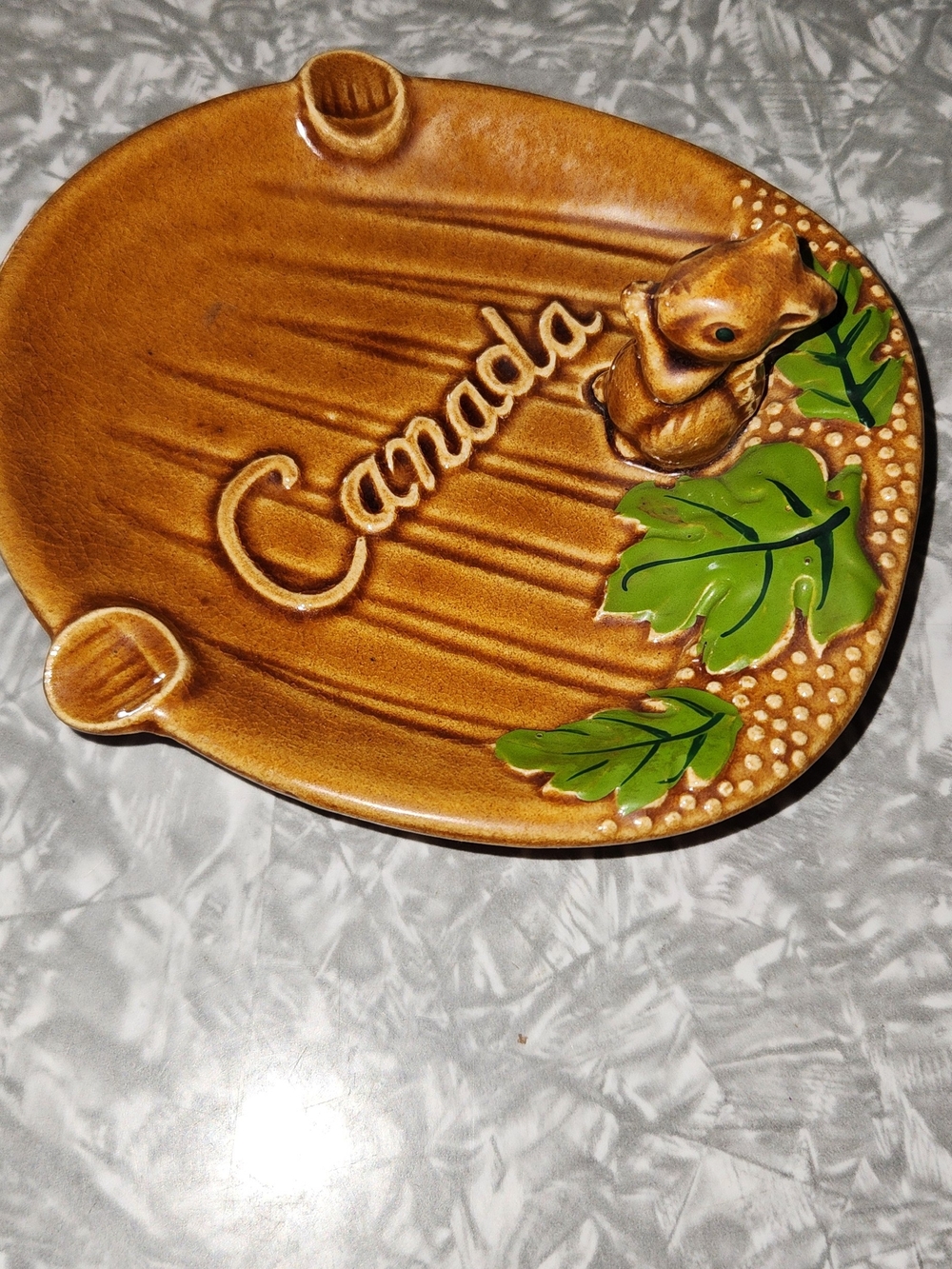 Canada Ceramic Ashtray - Brown with Green Leaf Accent